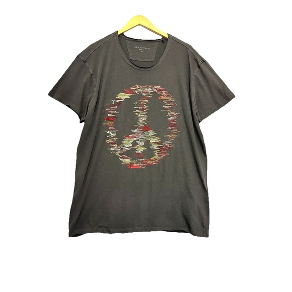 John Varvatos Distorted Embroidered Peace‎ Sign Tee Shirt Men Raw Edges XXL Gray